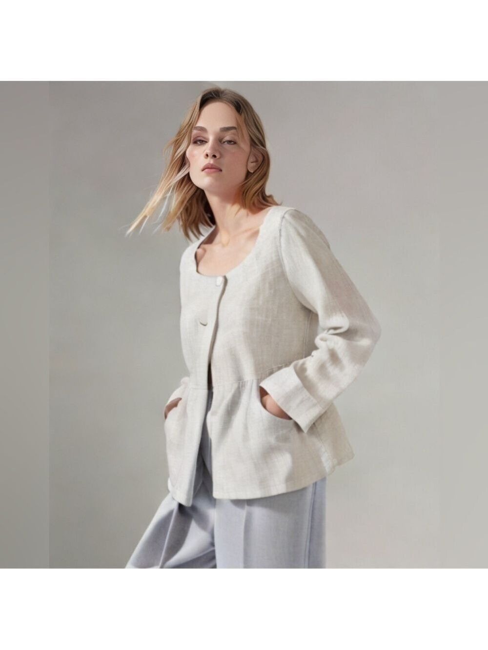J.Jill Button Front Linen Metallic Peplum Lightweight Jacket Blazer